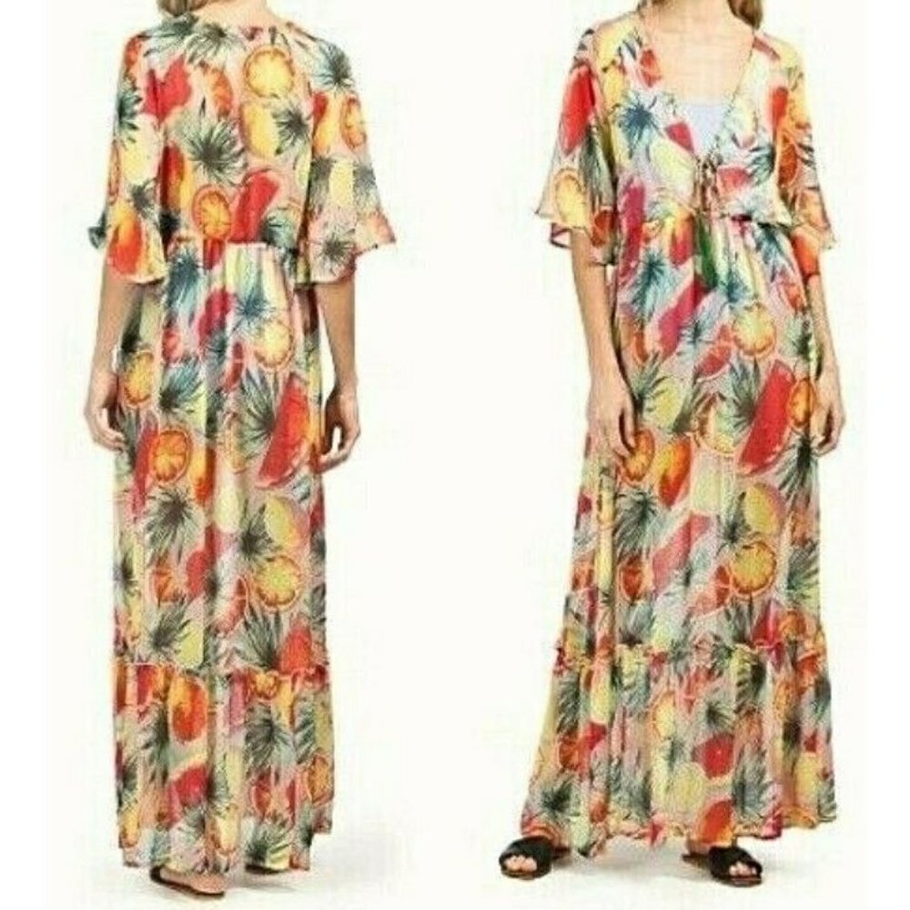 New America & Beyond Fruit Punch Sheer Cover Up Womens Medium Kaftan Dress